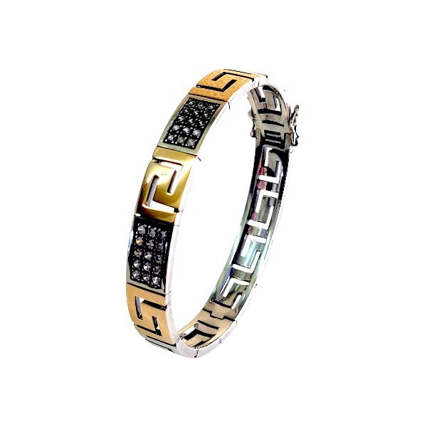 Pulseira Prata com Ouro 9k desenho grego com zirconias
