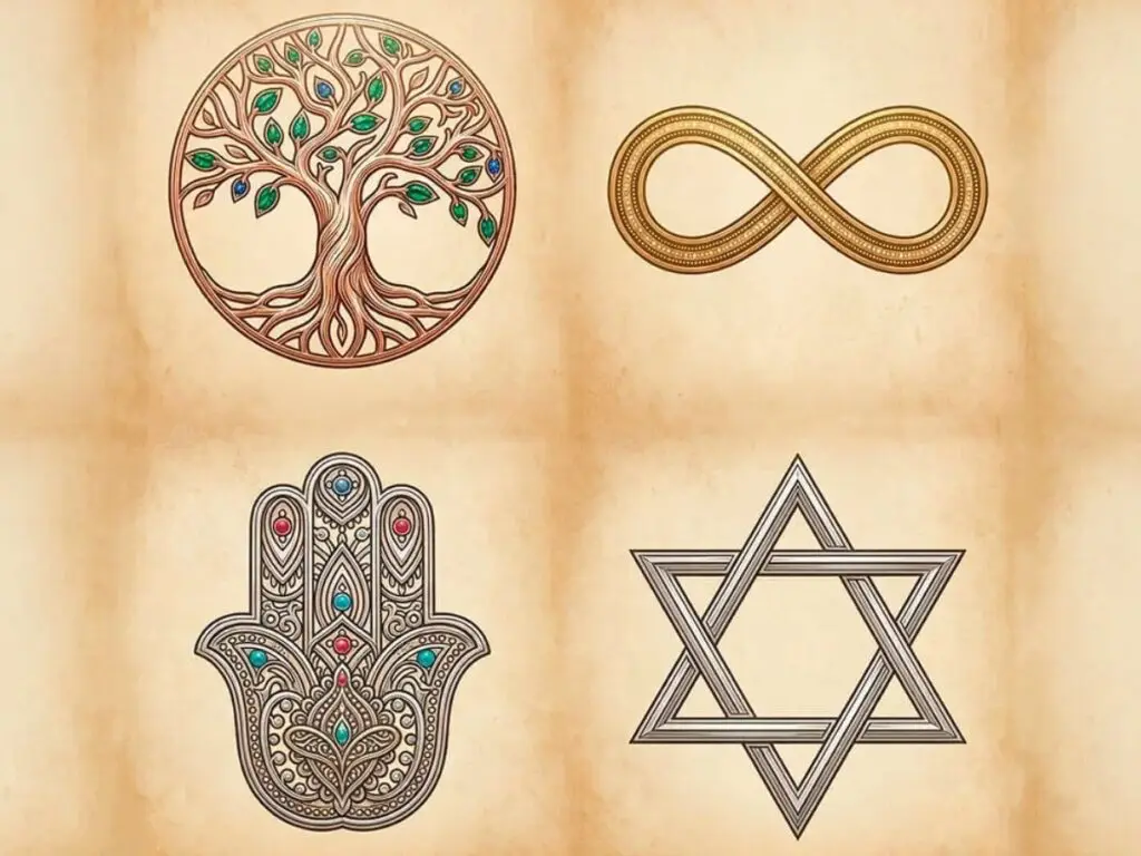 Símbolos espirituais ilustrados sobre fundo tipo pergaminho Árvore da Vida, símbolo do infinito, Mão de Fátima e Estrela de David organizados em quatro quadrantes.